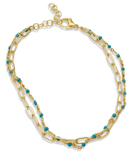 18K Gold Plated Bronze Double Chain Turquoise Anklet