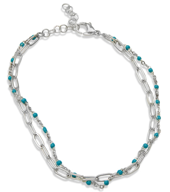 Rhodium Plated Double Chain Turquoise Anklet