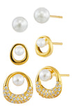 Earring Set of 3 with Pearl Studs With High polish and Pave Asymmetrical Halo