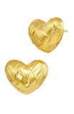 Basket Weave Wide Heart Button Earrings in Brass