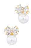 Gold Plated White CZ Bow Earrings with Shell Pearl Drop