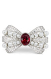 Rhodium Plated White and Red CZ with Shell Pearl Bow Brooch
