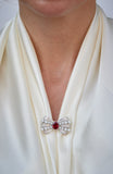 Rhodium Plated White and Red CZ with Shell Pearl Bow Brooch