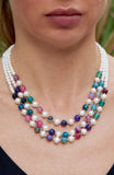 Sterling Silver Multi Strand Gemstone Genuine and Fresh Water Pearl Necklace