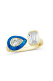 Gold Plated over Sterling Silver Open Bezel Set Emerald and Pear CZ Ring with Enamel Halo