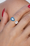 Gold Plated over Sterling Silver Open Bezel Set Emerald and Pear CZ Ring with Enamel Halo