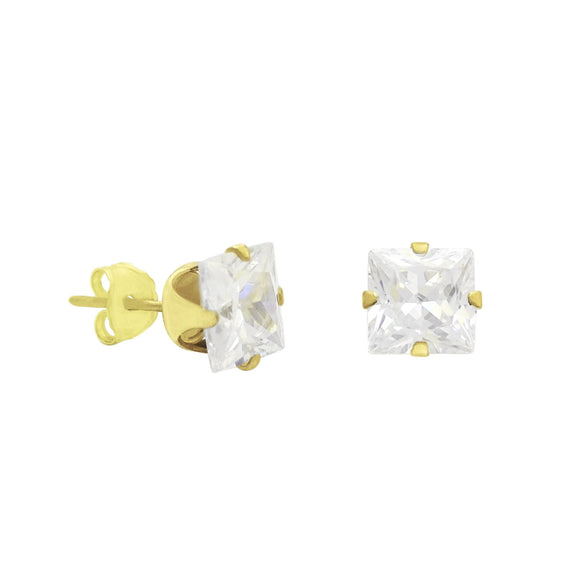 18K Yellow Gold Princess Cut CZ Stud Earrings