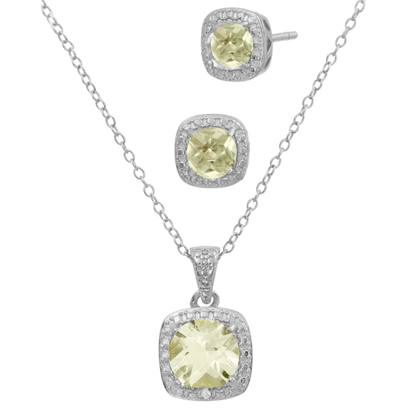 Savvy Cie Genuine Checkerboard Green Amethyst and Diamond Necklace and Earring Set - Sterling Silver