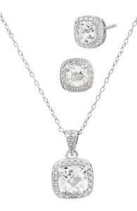 Savvy Cie Genuine Checkerboard White Topaz and Diamond Necklace and Earring Set - Sterling Silver