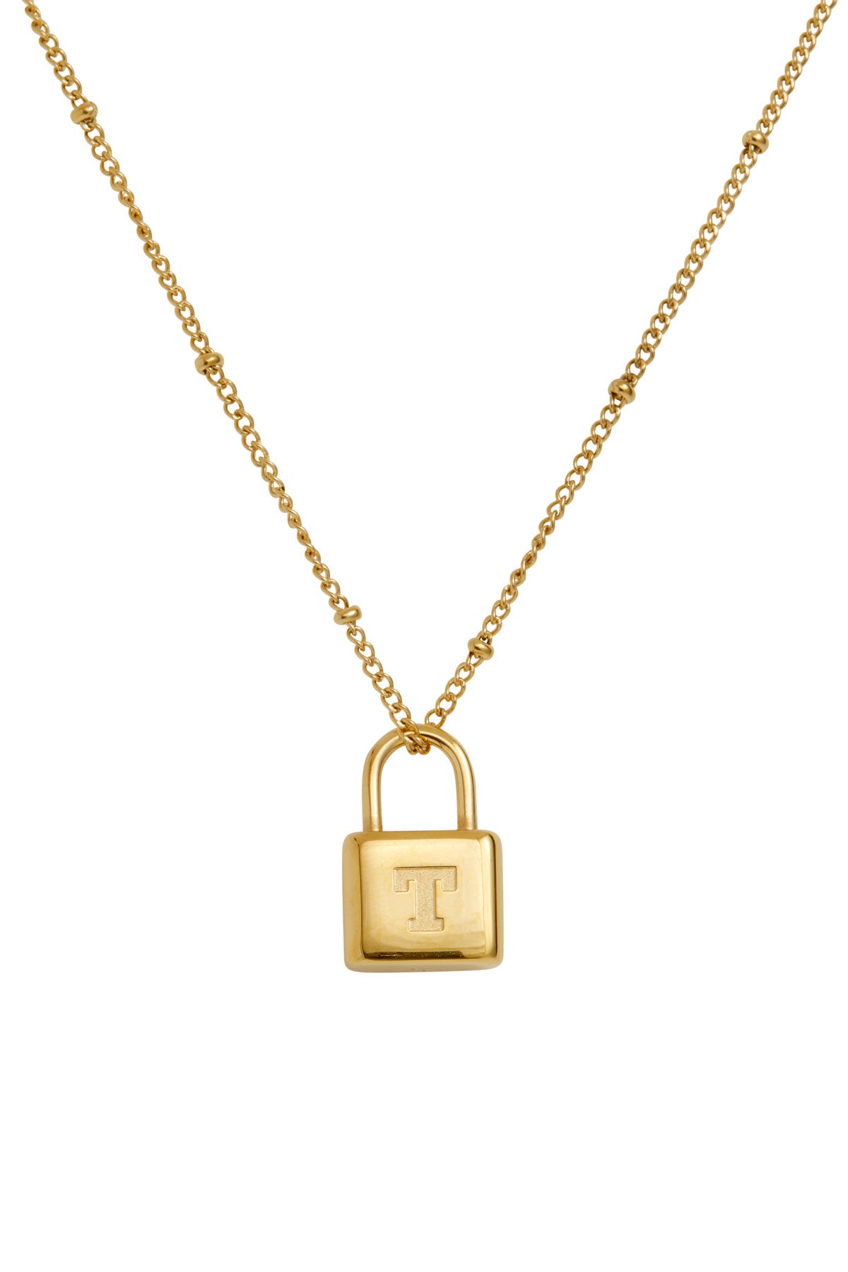18K Gold Plated Initial Lock Pendant Necklace