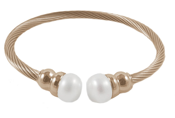 14K Rose Gold Plated Stainless Steel Cable FW Pearl Bracelet