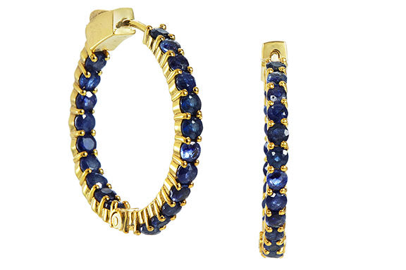 18K Gold Plated Genuine 7.50 Carat Blue Sapphire Inside Out Hoops