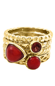 18K Gold Vermeil Coral and Garnet Stackable Rings