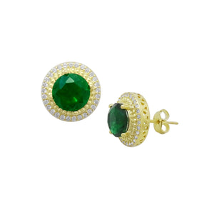 18K Large Emerald & CZ Halo Earrings