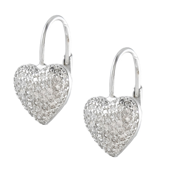 Sterling Silver White CZ Pave Heart Earrings