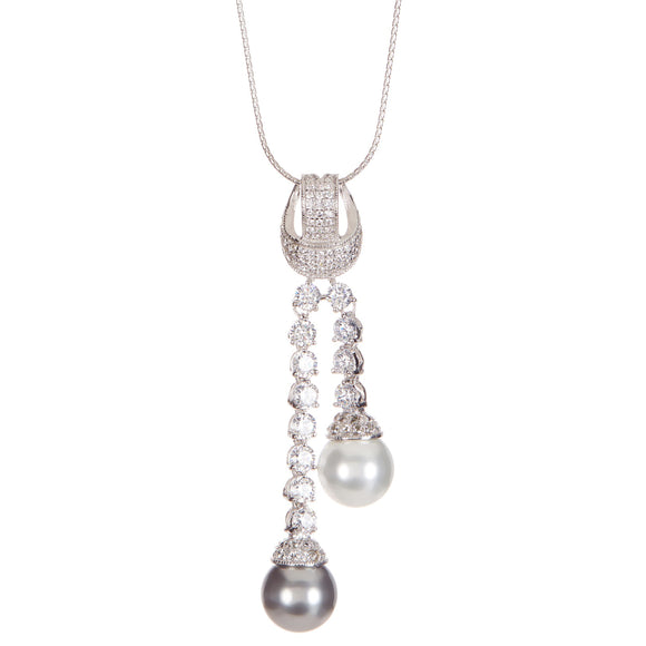 Sterling Silver Double Pearl Drop CZ Necklace